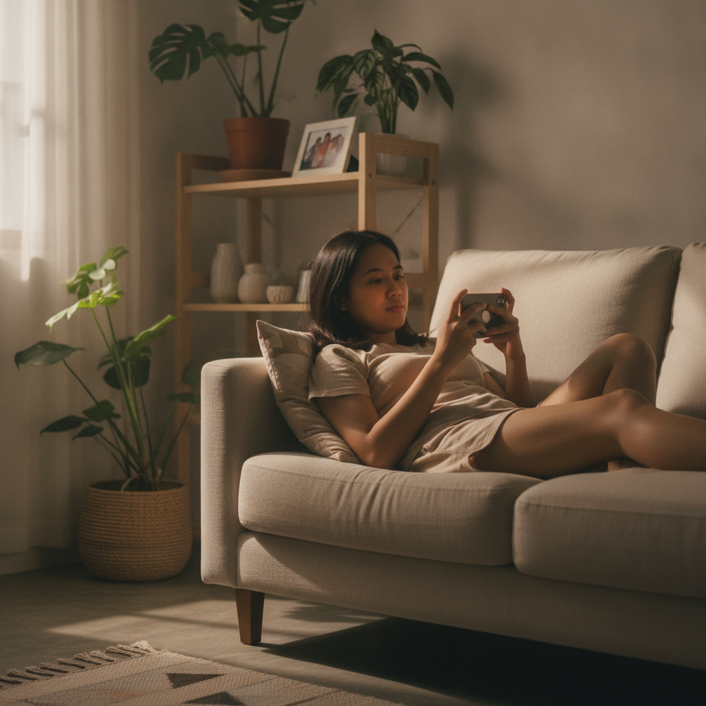 Filipino player learning to use online casino on mobile phone at home